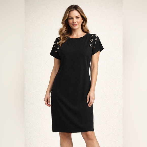 Michael Kors Dresses & Skirts - Casual Chic Michael Kors Black Eyelet Gold Trim Midi Dress Size Small